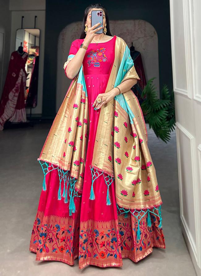 Jacquard Silk Pink Festival Wear Weaving  Readymade Gown With Dupatta